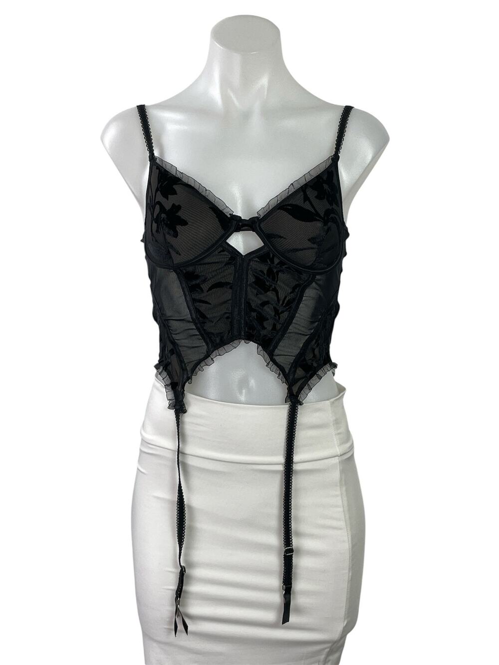 Tic Toc Women's Black Floral Lace Sleeveless Ruffle Straps Corset Top Size M